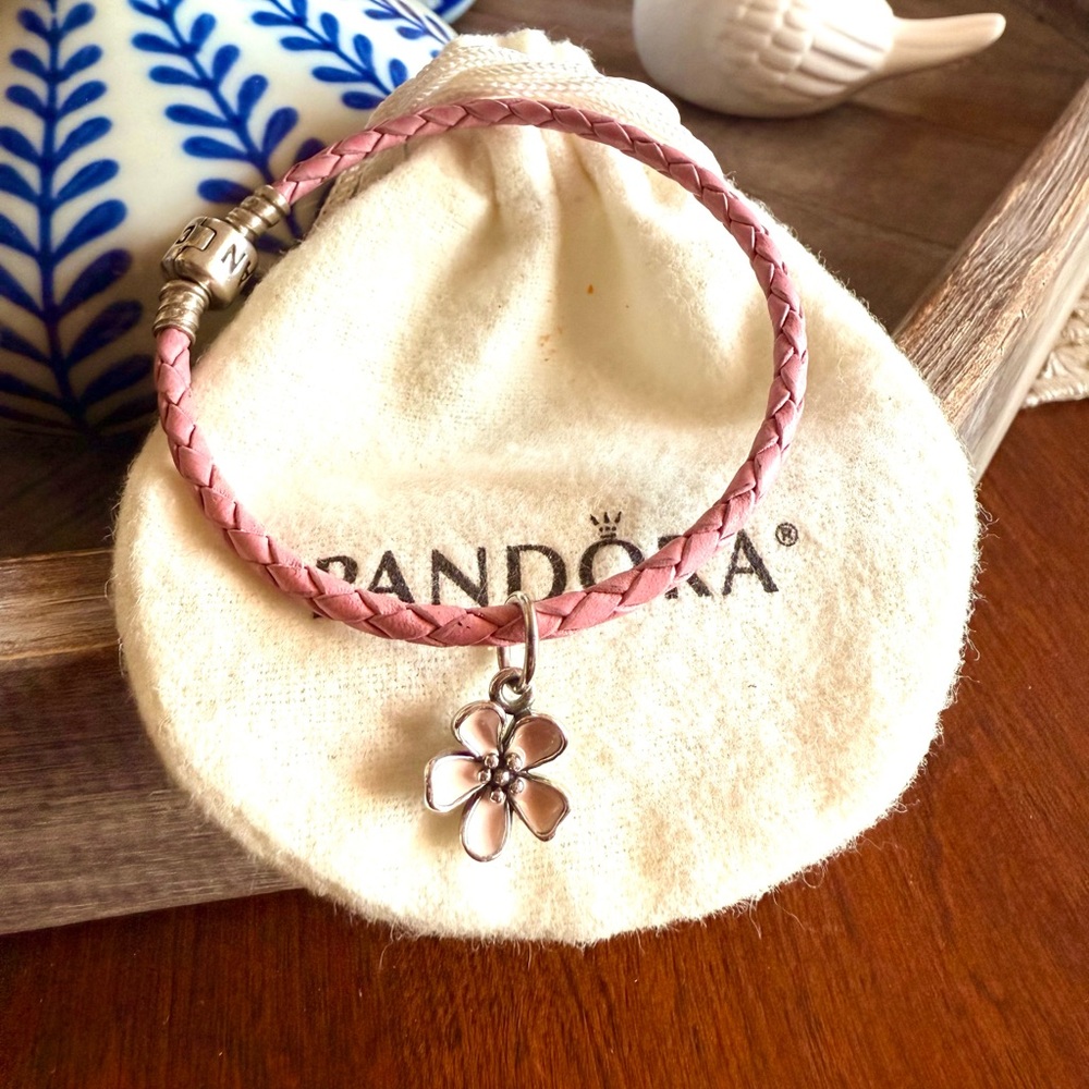 Pandora Pink Leather Braided Bracelet w/ Sterling Silver Pandora Flower Charm